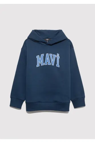 Logo Baskılı Lacivert Kapüşonlu Sweatshirt 6610110-70720-Mavi - 3