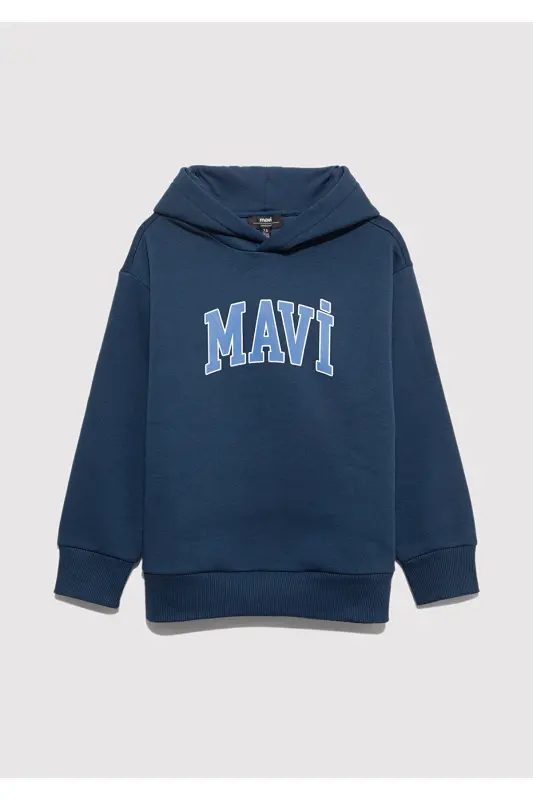 Logo Baskılı Lacivert Kapüşonlu Sweatshirt 6610110-70720-Mavi - 3