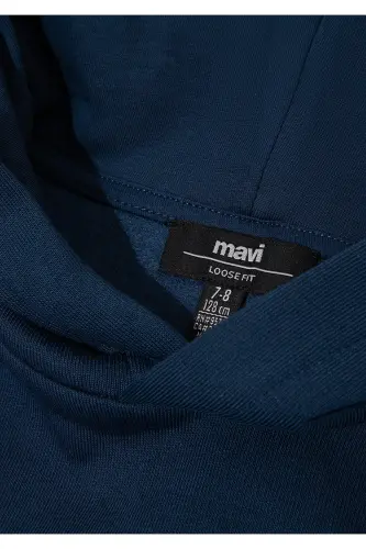 Logo Baskılı Lacivert Kapüşonlu Sweatshirt 6610110-70720-Mavi - 5