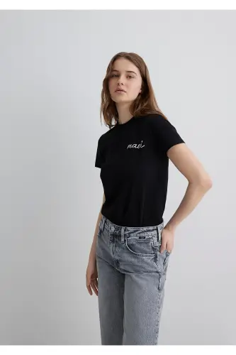 Logo Baskılı Siyah Tişört Semi Slim Fit / Yarı Dar Kesim 1612962-900-Siyah - 3