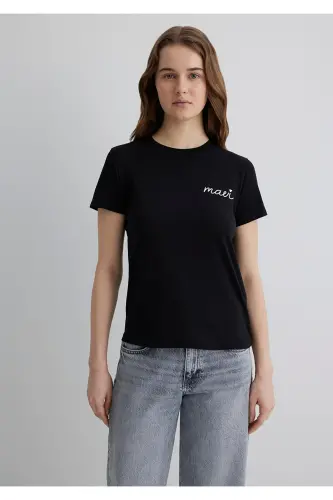 Logo Baskılı Siyah Tişört Semi Slim Fit / Yarı Dar Kesim 1612962-900-Siyah - 4