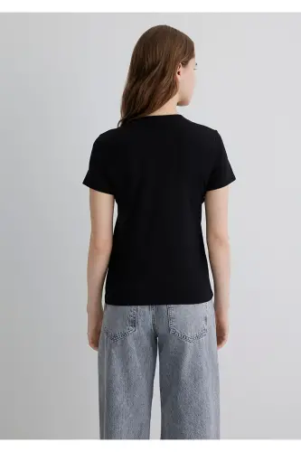 Logo Baskılı Siyah Tişört Semi Slim Fit / Yarı Dar Kesim 1612962-900-Siyah - 5