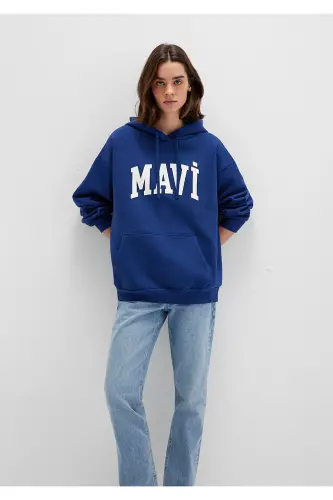Logo Baskılı Sweatshirt Oversize/Geniş Kesim 1600361-70722 - Mavi-70722 - 3