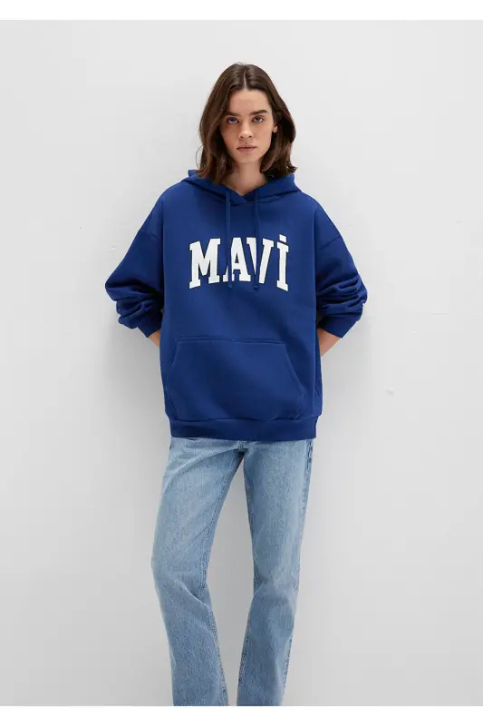 Logo Baskılı Sweatshirt Oversize/Geniş Kesim 1600361-70722 - Mavi-70722 - 3