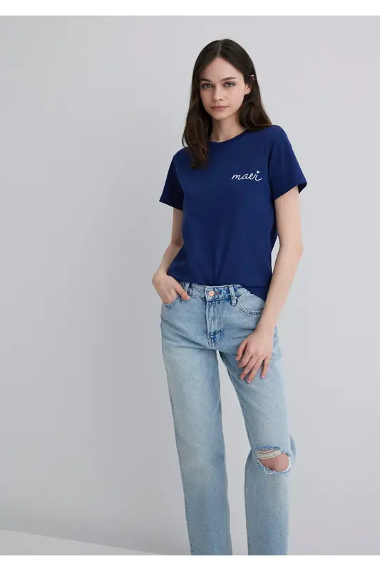 Logo Baskılı Lacivert Tişört Semi Slim Fit / Yarı Dar Kesim 1612962-70722-Mavi - 3