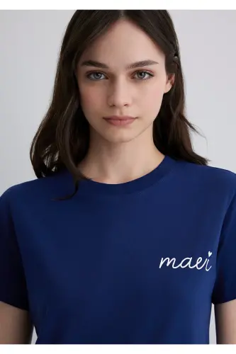 Logo Baskılı Lacivert Tişört Semi Slim Fit / Yarı Dar Kesim 1612962-70722-Mavi - 6