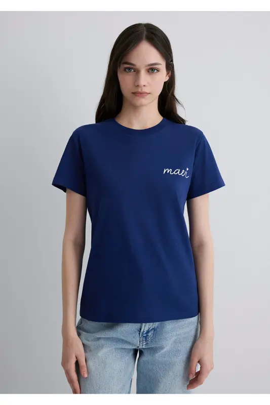 Logo Baskılı Lacivert Tişört Semi Slim Fit / Yarı Dar Kesim 1612962-70722 - Mavi-70722 - 4