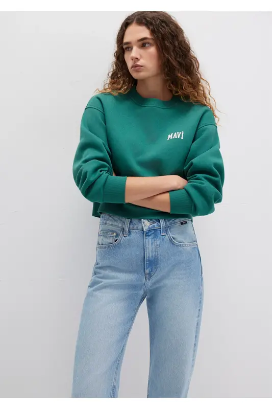 Logo Baskılı Yeşil Crop Sweatshirt 1611601-71874-Yeşil - MAVI