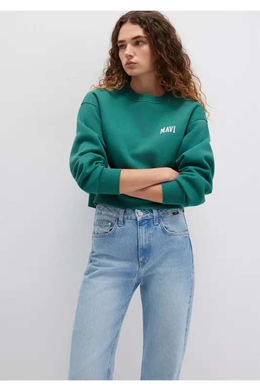 Logo Baskılı Yeşil Crop Sweatshirt 1611601-71874 - Yeşil - 1