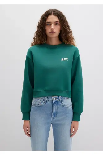 Logo Baskılı Yeşil Crop Sweatshirt 1611601-71874-Yeşil - 3