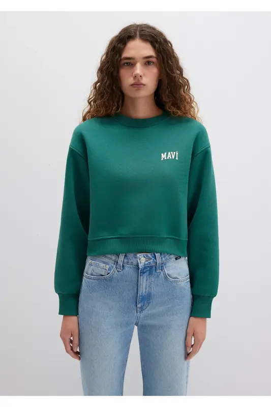 Logo Baskılı Yeşil Crop Sweatshirt 1611601-71874-Yeşil - 3