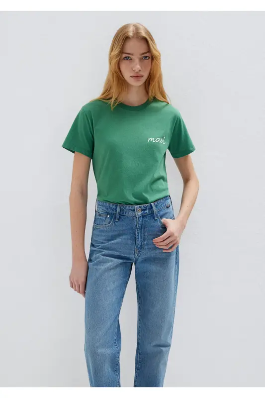 Logo Baskılı Yeşil Tişört Semi Slim Fit / Yarı Dar Kesim 1612962-71881-Yeşil - 2