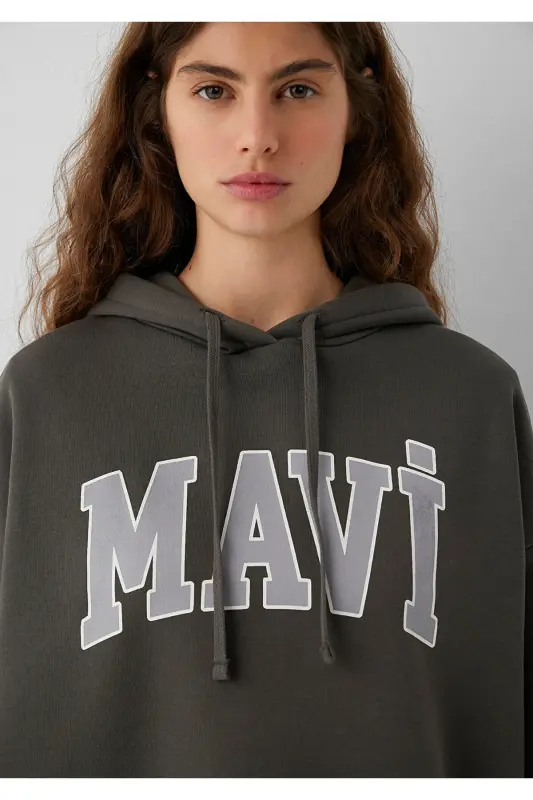 Logo bosilgan kapüşonli haki sweatshirt 1600361-71598 - Yashil - 6