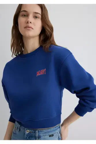 Logo Bosilgan Ko'k Rangli Qisqa Sweatshirt 1611601-70722 - 1