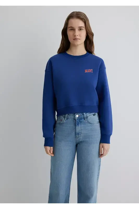 Logo Bosilgan Ko'k Rangli Qisqa Sweatshirt 1611601-70722 - 3