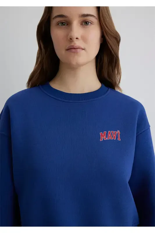 Logo Bosilgan Ko'k Rangli Qisqa Sweatshirt 1611601-70722 - 5