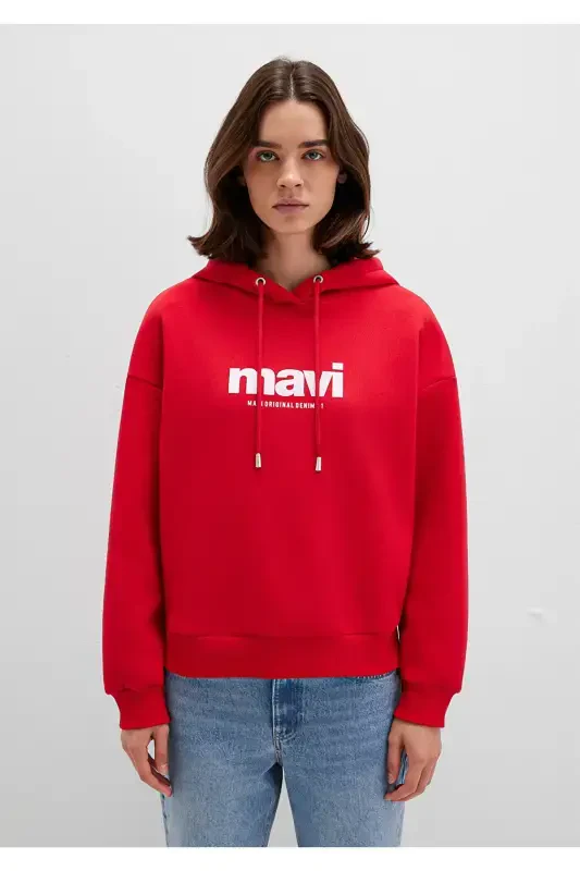 Logo Bosilgan Qizil Kaputli Svitshot 168334-35476 - 5