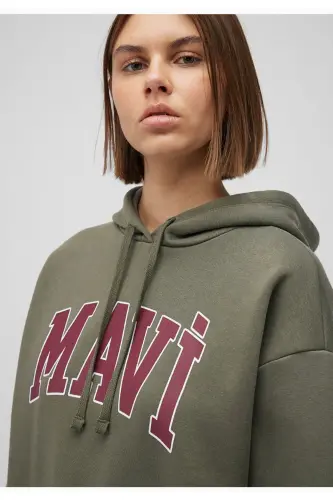 logo bosma naqshli kapüşonli kulrang oversize svitşot-Haki - 6