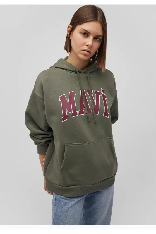logo bosma naqshli kapüşonli kulrang oversize svitşot-Haki - 3