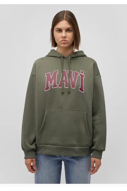 logo bosma naqshli kapüşonli kulrang oversize svitşot-Haki - 4