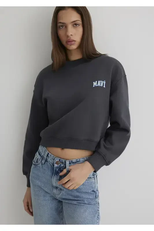 Logo Printed Anthracite Crop Sweatshirt 1611601-70763-Black - MAVI