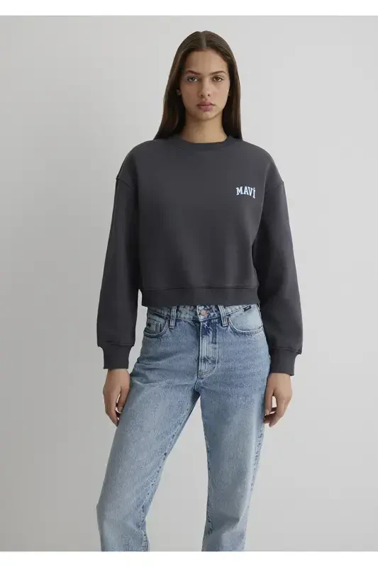 Logo Printed Anthracite Crop Sweatshirt 1611601-70763-Black - 3