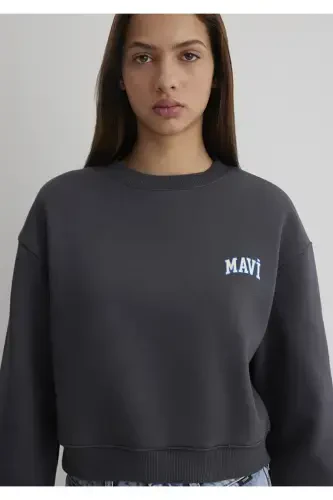 Logo Printed Anthracite Crop Sweatshirt 1611601-70763-Black - 5