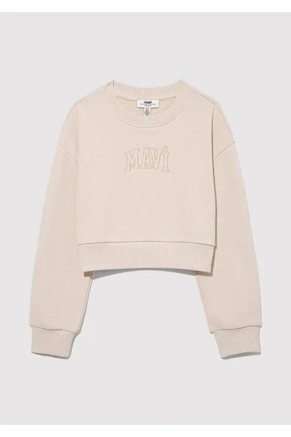 Logo Printed Beige Crop Sweatshirt 7s10078-70072 - 2