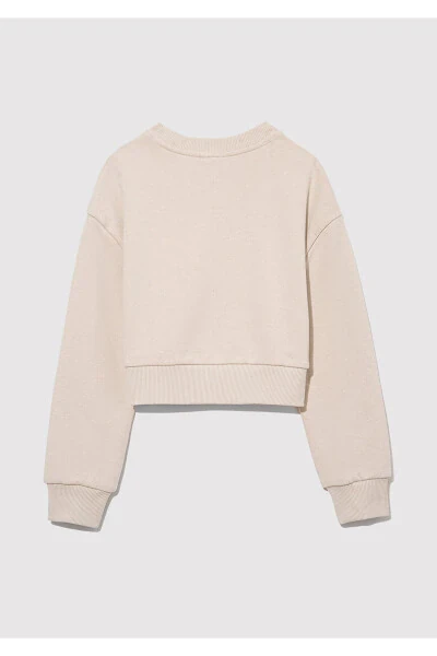 Logo Printed Beige Crop Sweatshirt 7s10078-70072 - 3