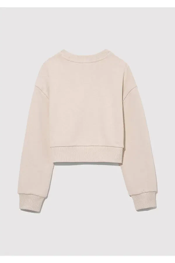 Logo Printed Beige Crop Sweatshirt 7s10078-70072 - 3