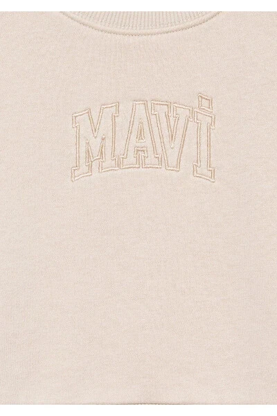 Logo Printed Beige Crop Sweatshirt 7s10078-70072 - 4