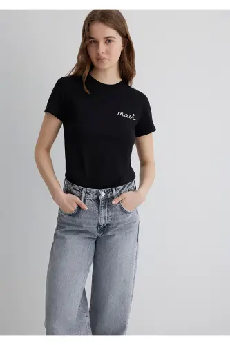 Logo Printed Black T-Shirt Semi Slim Fit 