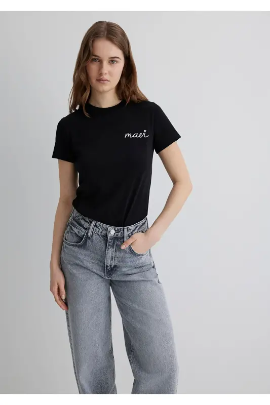 Logo Printed Black T-Shirt Semi Slim Fit - 2