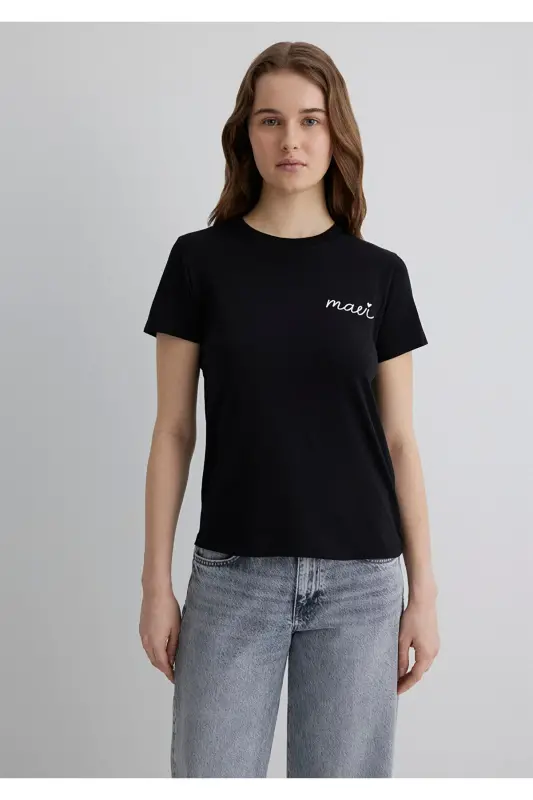 Logo Printed Black T-Shirt Semi Slim Fit - 4