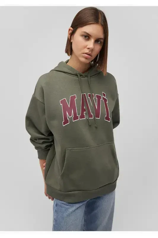 logo printed hooded gray oversize sweatshirt-Khaki - 2