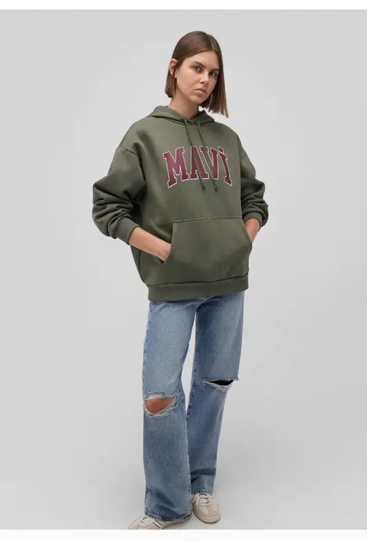 logo printed hooded gray oversize sweatshirt-Khaki - 1