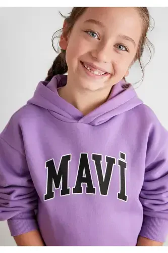 Logo Printed Hooded Purple Sweatshirt - 1