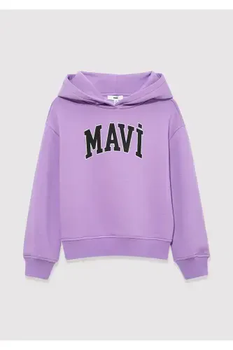 Logo Printed Hooded Purple Sweatshirt - 3