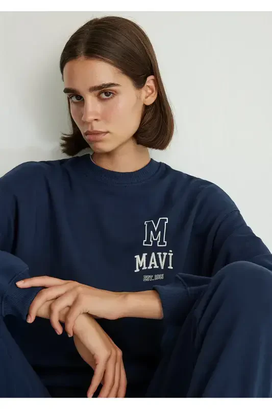 Logo Printed Navy Blue Sweatshirt 1s10148-70488-Navy Blue - 2