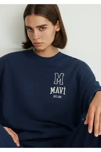 Logo Printed Navy Blue Sweatshirt 1s10148-70488-Navy Blue - 3