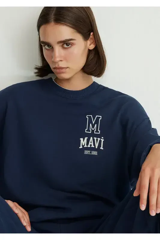Logo Printed Navy Blue Sweatshirt 1s10148-70488-Navy Blue - 3