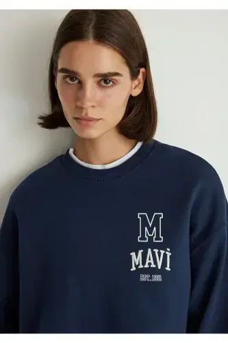 Logo Printed Navy Blue Sweatshirt 1s10148-70488-Navy Blue - 8
