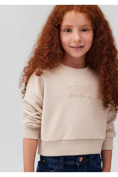 Logo Baskılı Bej Crop Sweatshirt 7s10078-70072-Bej 