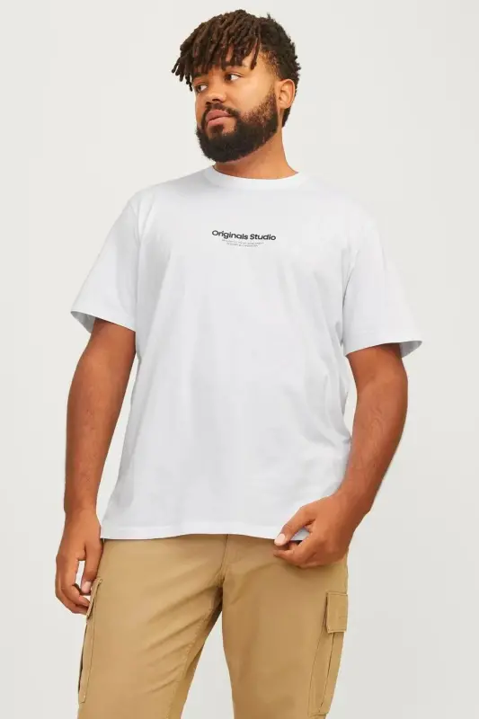 Logolu Bisiklet Yaka Tisört- Büyük Beden Battal Boy-Beyaz11 - JACK & JONES