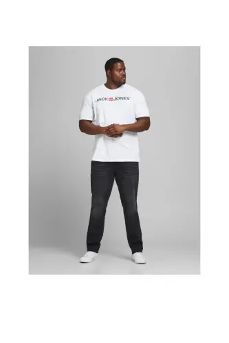 Logolu Bisiklet Yaka Tisört- Büyük Beden Battal Boy-Beyaz332 