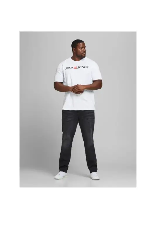 Logolu Bisiklet Yaka Tisört- Büyük Beden Battal Boy-Beyaz332 - JACK & JONES