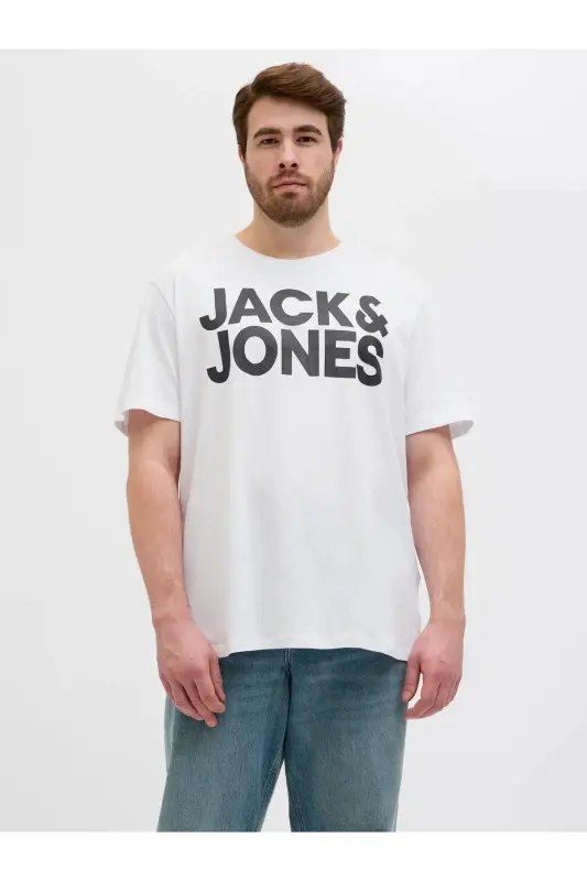 Logolu Bisiklet Yaka Tisört- Büyük Beden Battal Boy-Beyaz442 - JACK & JONES