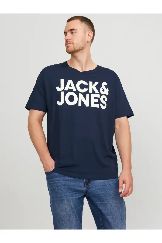 Logolu Bisiklet Yaka Tisört- Büyük Beden Battal Boy-Lacivert442 - JACK & JONES