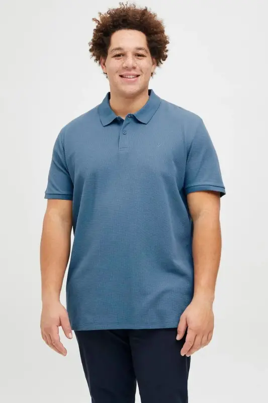 Logolu Bisiklet Yaka Tisört- Büyük Beden Battal Boy-Mavi21 - JACK & JONES