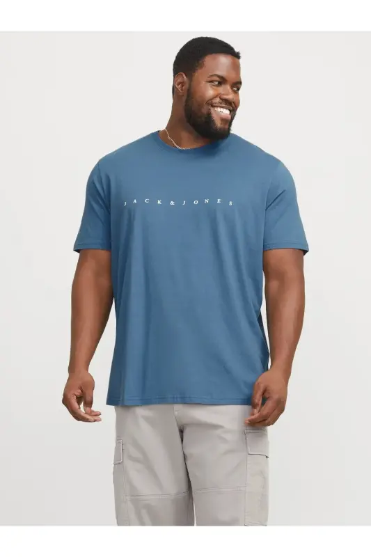 Logolu Bisiklet Yaka Tisört- Büyük Beden Battal Boy-Mavi5674 - JACK & JONES